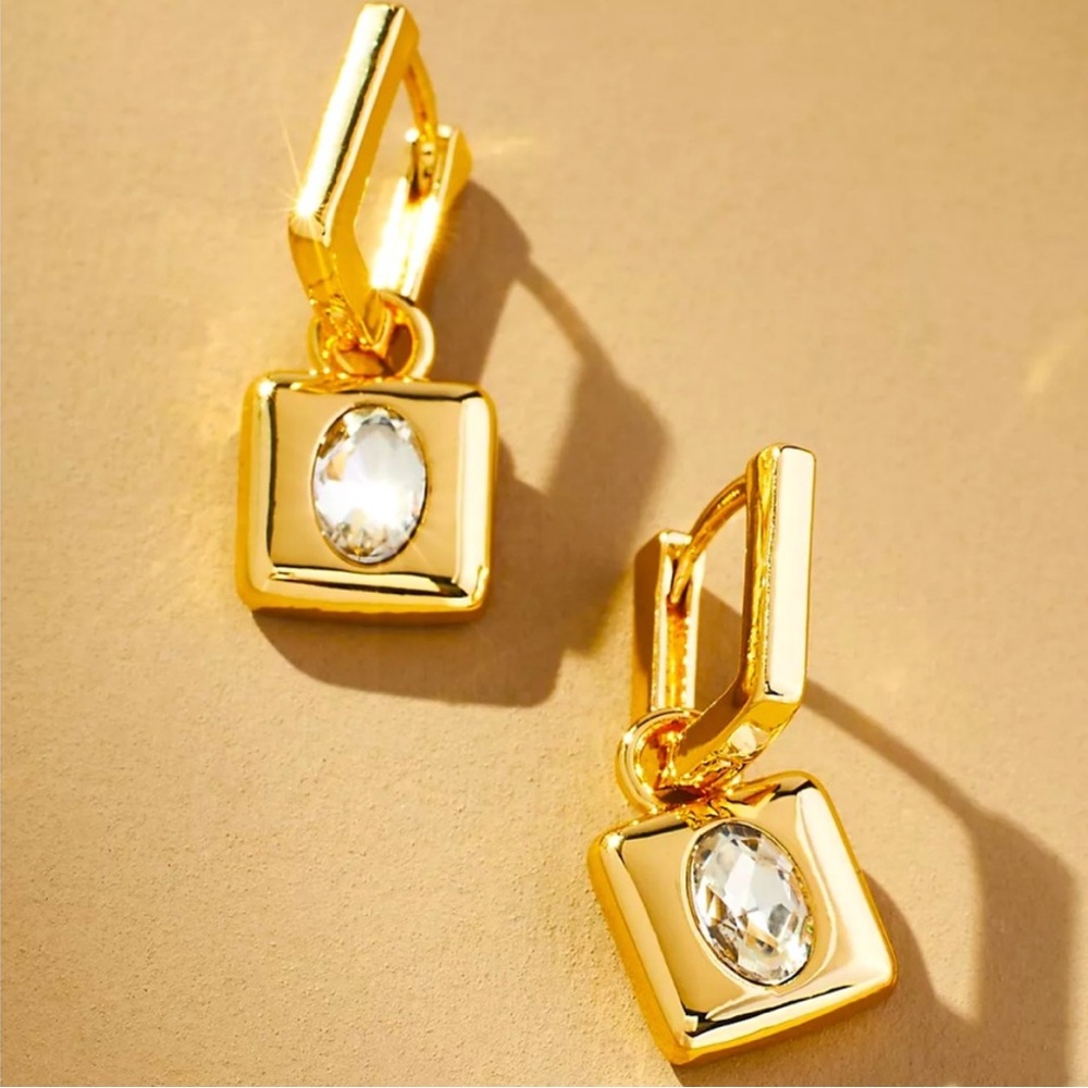Anthropologie Gold-Tone Square Drop Earrings with Clear Stones